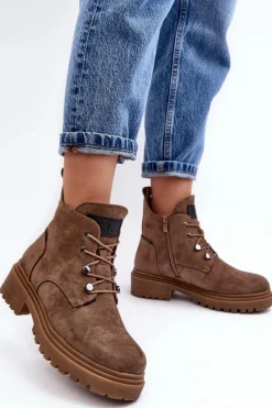 Sale Niskie Botki Damskie Ocieplane Na Suwak Ciemnobeżowe Cameronia Damskie Botki Sznurowane|Botki Zimowe Damskie