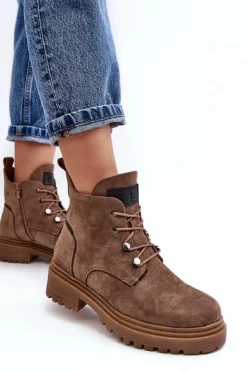 Sale Niskie Botki Damskie Ocieplane Na Suwak Ciemnobeżowe Cameronia Damskie Botki Sznurowane|Botki Zimowe Damskie