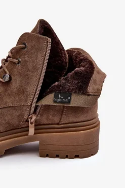 Sale Niskie Botki Damskie Ocieplane Na Suwak Ciemnobeżowe Cameronia Damskie Botki Sznurowane|Botki Zimowe Damskie