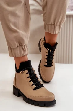 Outlet Boto Niskie Botki Damskie Ocieplane Z Eko Skóry Beżowe Erisabelle Beżowy