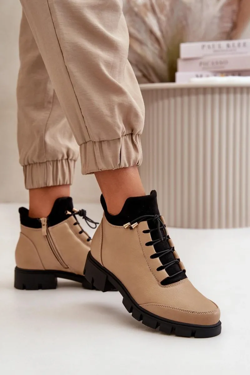 Outlet Boto Niskie Botki Damskie Ocieplane Z Eko Skóry Beżowe Erisabelle Beżowy