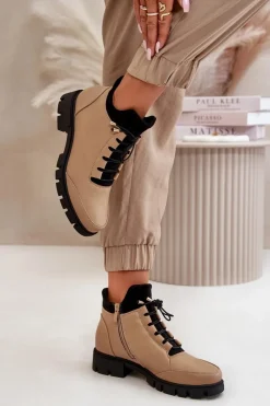 Outlet Boto Niskie Botki Damskie Ocieplane Z Eko Skóry Beżowe Erisabelle Beżowy