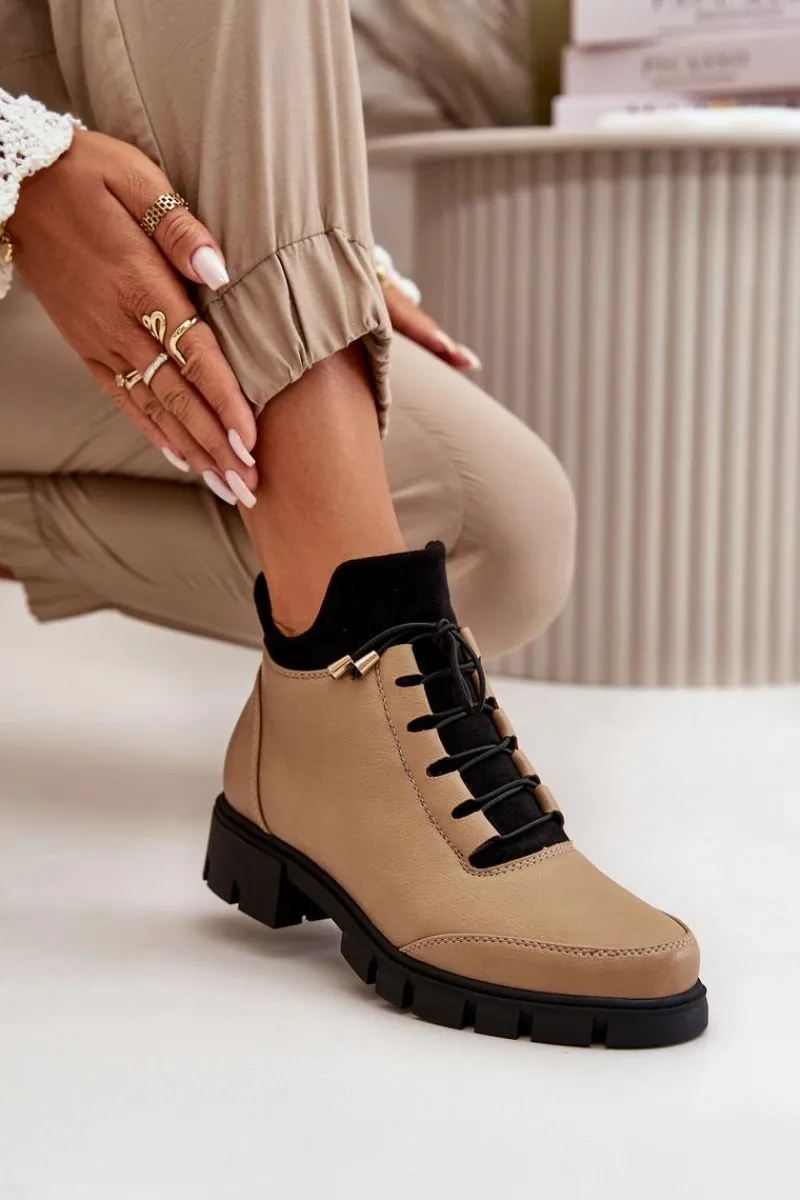 Outlet Boto Niskie Botki Damskie Ocieplane Z Eko Skóry Beżowe Erisabelle Beżowy