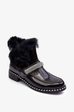 Outlet Niskie Botki Lakierowane Z Futerkiem I Ozdobą S.Barski MR870-74 Czarne Damskie Botki Ocieplane|Czarne Botki