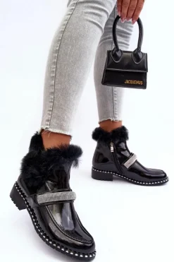 Outlet Niskie Botki Lakierowane Z Futerkiem I Ozdobą S.Barski MR870-74 Czarne Damskie Botki Ocieplane|Czarne Botki