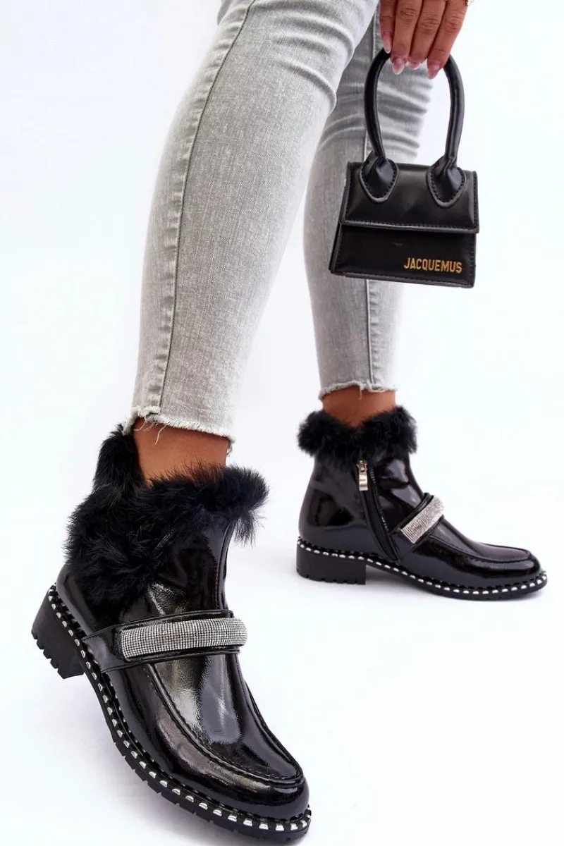 Outlet Niskie Botki Lakierowane Z Futerkiem I Ozdobą S.Barski MR870-74 Czarne Damskie Botki Ocieplane|Czarne Botki