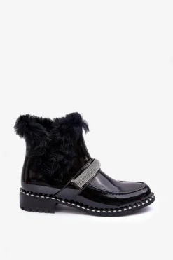 Outlet Niskie Botki Lakierowane Z Futerkiem I Ozdobą S.Barski MR870-74 Czarne Damskie Botki Ocieplane|Czarne Botki