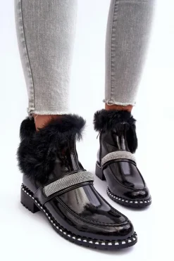 Outlet Niskie Botki Lakierowane Z Futerkiem I Ozdobą S.Barski MR870-74 Czarne Damskie Botki Ocieplane|Czarne Botki