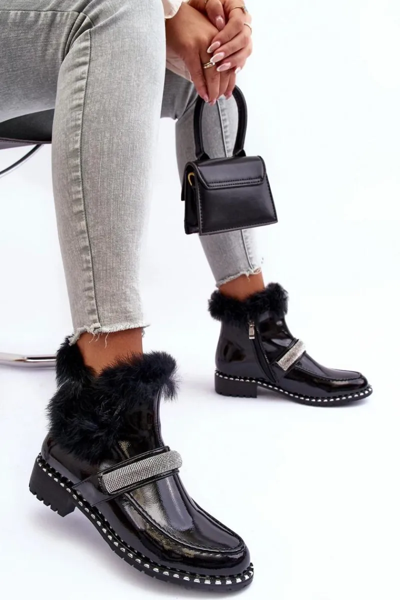 Outlet Niskie Botki Lakierowane Z Futerkiem I Ozdobą S.Barski MR870-74 Czarne Damskie Botki Ocieplane|Czarne Botki