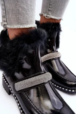 Outlet Niskie Botki Lakierowane Z Futerkiem I Ozdobą S.Barski MR870-74 Czarne Damskie Botki Ocieplane|Czarne Botki