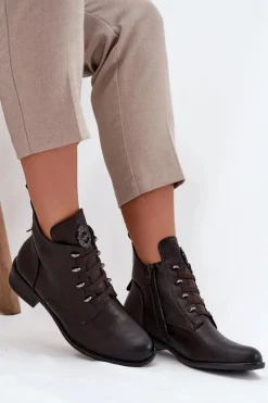 Outlet Niskie Botki Ocieplane Na Zamek Z Ozdobą Brązowe Nevalia Damskie Botki Ocieplane|Botki Zimowe Damskie