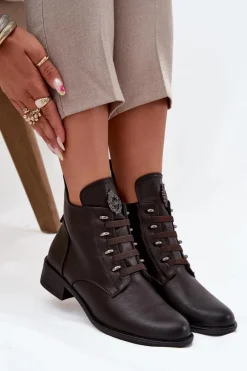 Outlet Niskie Botki Ocieplane Na Zamek Z Ozdobą Brązowe Nevalia Damskie Botki Ocieplane|Botki Zimowe Damskie