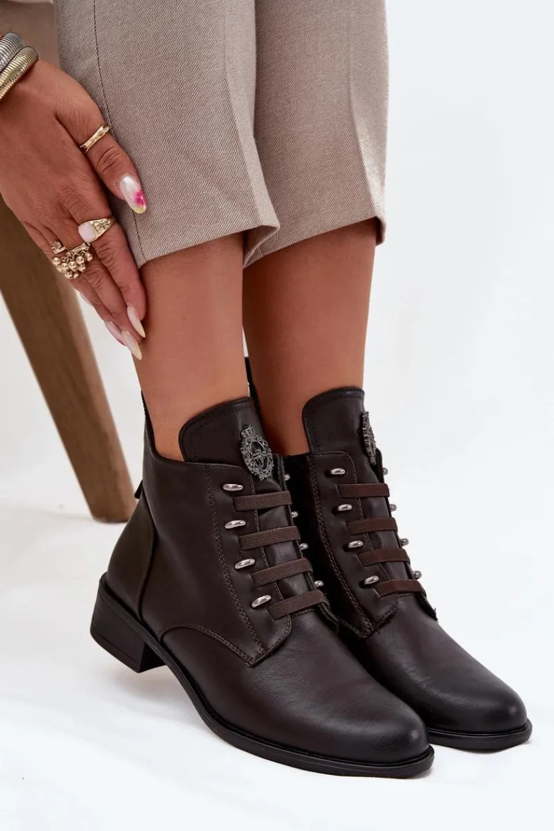 Outlet Niskie Botki Ocieplane Na Zamek Z Ozdobą Brązowe Nevalia Damskie Botki Ocieplane|Botki Zimowe Damskie