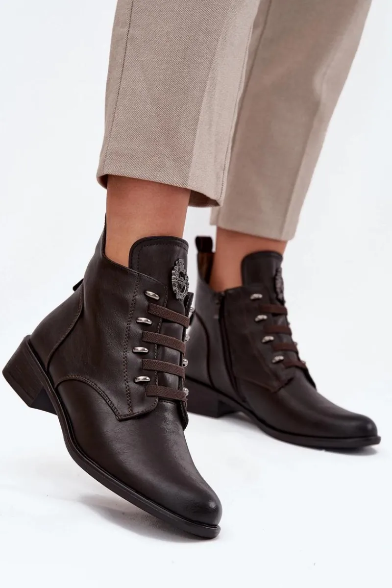 Outlet Niskie Botki Ocieplane Na Zamek Z Ozdobą Brązowe Nevalia Damskie Botki Ocieplane|Botki Zimowe Damskie