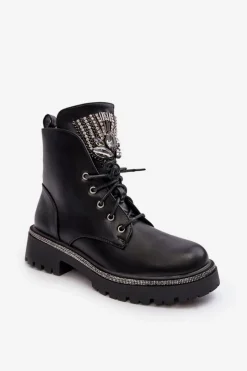 Botki Sznurowane|Czarne Botki>Boto Niskie Botki Workery Z Biżuteryjną Ozdobą Czarne Melenope