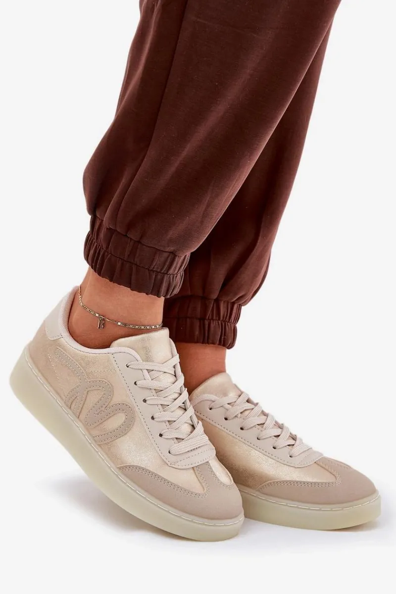 New Niskie Buty Sportowe Damskie Z Eko Skóry Złoto-Beżowe Iladira Damskie Sneakersy Damskie