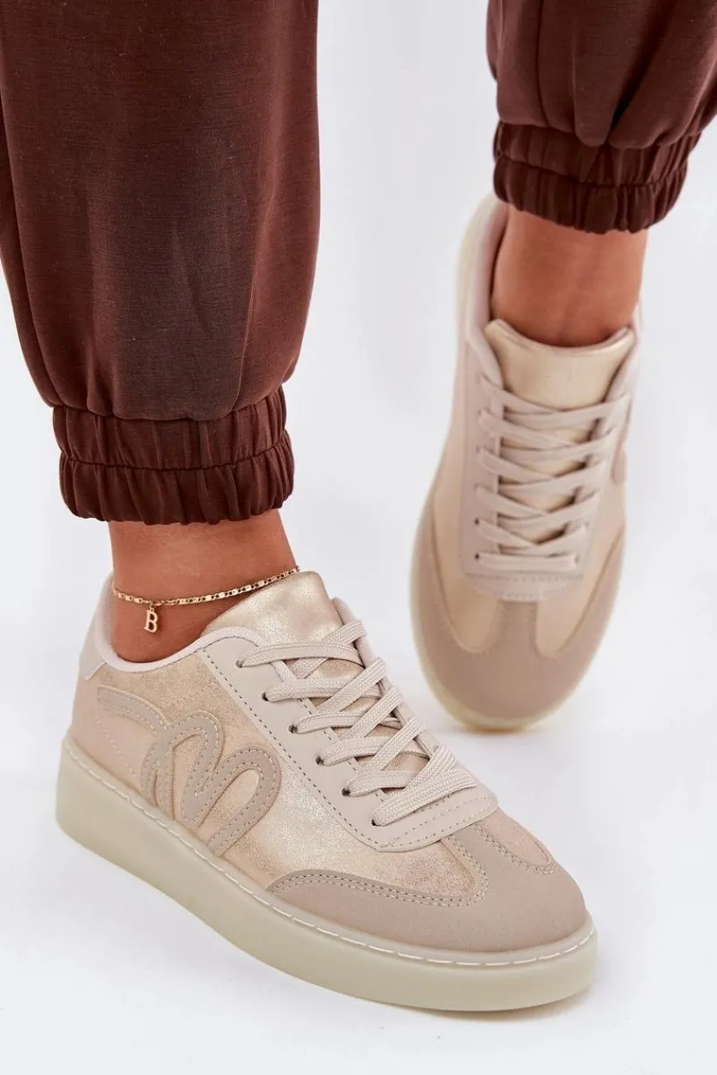 New Niskie Buty Sportowe Damskie Z Eko Skóry Złoto-Beżowe Iladira Damskie Sneakersy Damskie