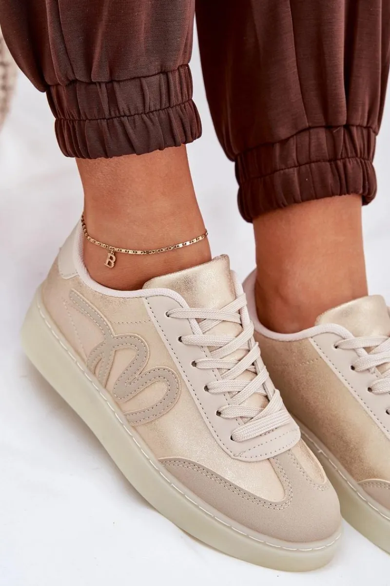 New Niskie Buty Sportowe Damskie Z Eko Skóry Złoto-Beżowe Iladira Damskie Sneakersy Damskie
