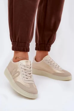New Niskie Buty Sportowe Damskie Z Eko Skóry Złoto-Beżowe Iladira Damskie Sneakersy Damskie