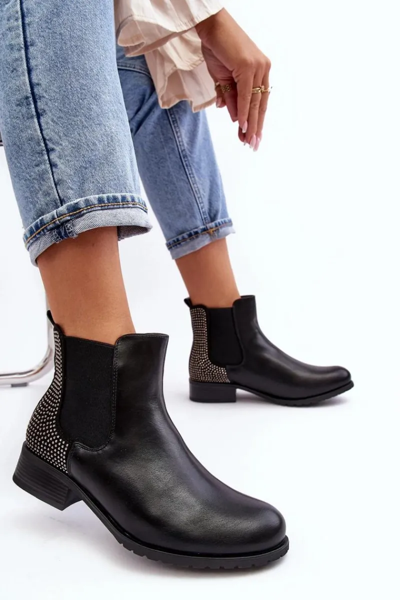 Clearance Niskie Damskie Botki Sztyblety Ze Zdobieniem Czarne Donname Damskie Botki Ocieplane|Czarne Botki