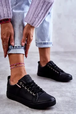 Online Big Star Shoes Niskie Damskie Skórzane Trampki Big Star KK274006 Czarne Czarny