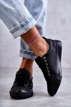 Online Big Star Shoes Niskie Damskie Skórzane Trampki Big Star KK274006 Czarne Czarny