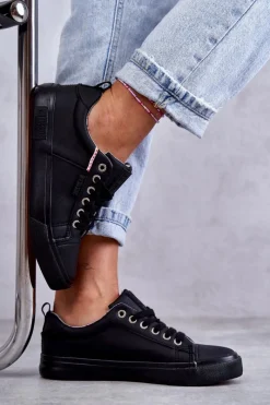 Online Big Star Shoes Niskie Damskie Skórzane Trampki Big Star KK274006 Czarne Czarny