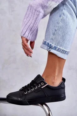 Online Big Star Shoes Niskie Damskie Skórzane Trampki Big Star KK274006 Czarne Czarny