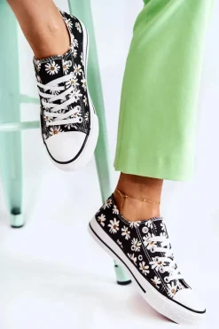 Hot Niskie Damskie Trampki W Kwiaty Czarne Janey Damskie Trampki Damskie Niskie