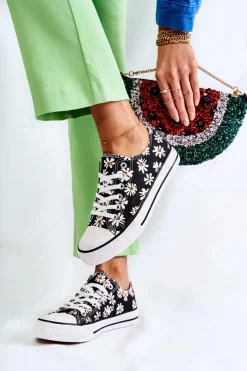 Hot Niskie Damskie Trampki W Kwiaty Czarne Janey Damskie Trampki Damskie Niskie