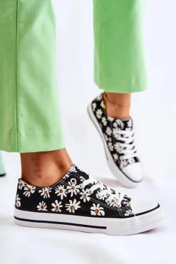 Hot Niskie Damskie Trampki W Kwiaty Czarne Janey Damskie Trampki Damskie Niskie