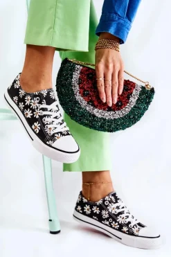 Hot Niskie Damskie Trampki W Kwiaty Czarne Janey Damskie Trampki Damskie Niskie