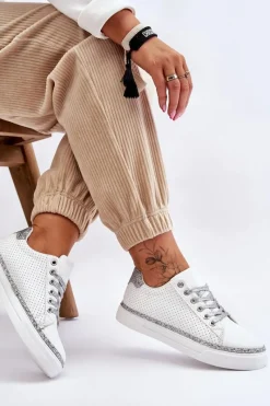 Sale Niskie Damskie Trampki Z Perforacją Biało-Srebrne Daxton Damskie Trampki Damskie Niskie