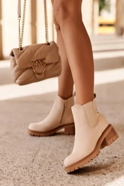Botki Na Słupku|Botki Zimowe Damskie>Boto Niskie Klasyczne Zamszowe Botki Sztyblety Jasnobeżowe Lalyllis