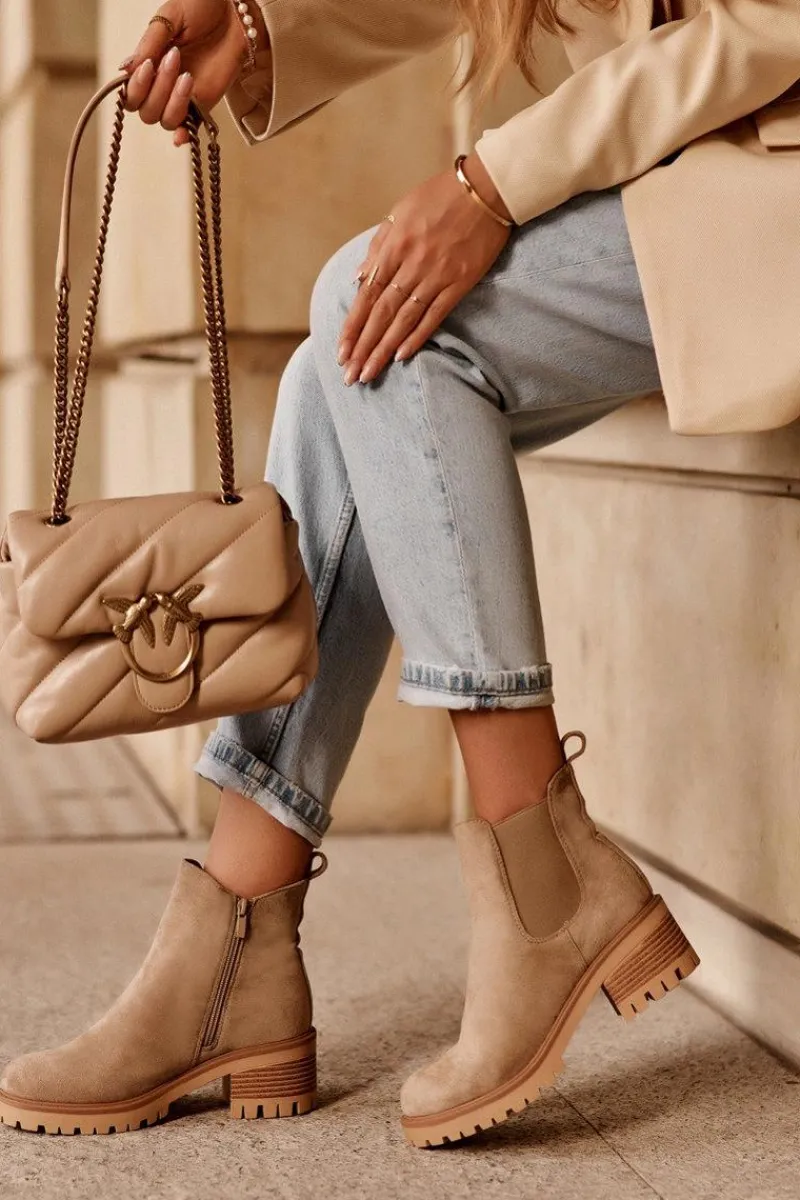 Best Niskie Klasyczne Zamszowe Botki Sztyblety Beżowe Lalyllis Damskie Botki Na Słupku|Botki Zimowe Damskie