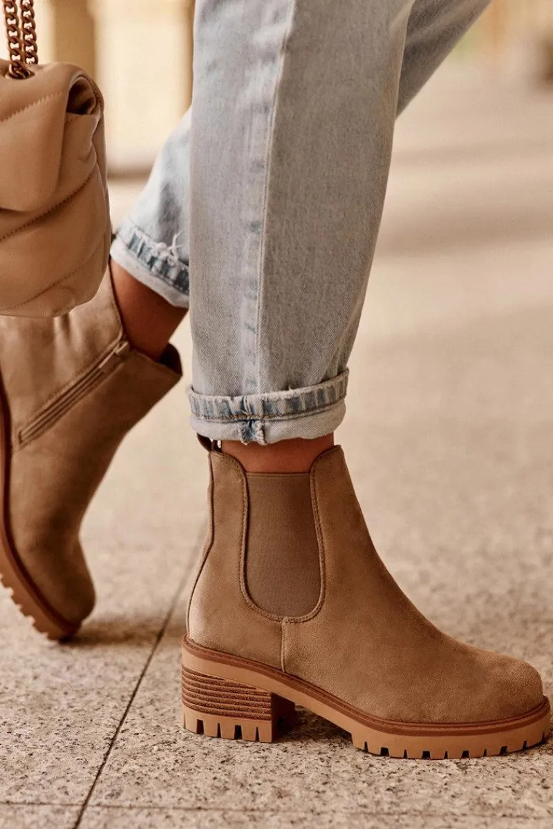 Best Niskie Klasyczne Zamszowe Botki Sztyblety Beżowe Lalyllis Damskie Botki Na Słupku|Botki Zimowe Damskie