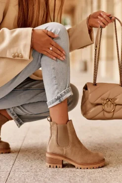 Best Niskie Klasyczne Zamszowe Botki Sztyblety Beżowe Lalyllis Damskie Botki Na Słupku|Botki Zimowe Damskie