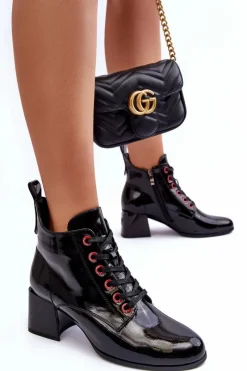 Sale Damskie buty S.Barski Niskie Lakierowane Botki Sznurowane S.Barski MR870-66 Czarne