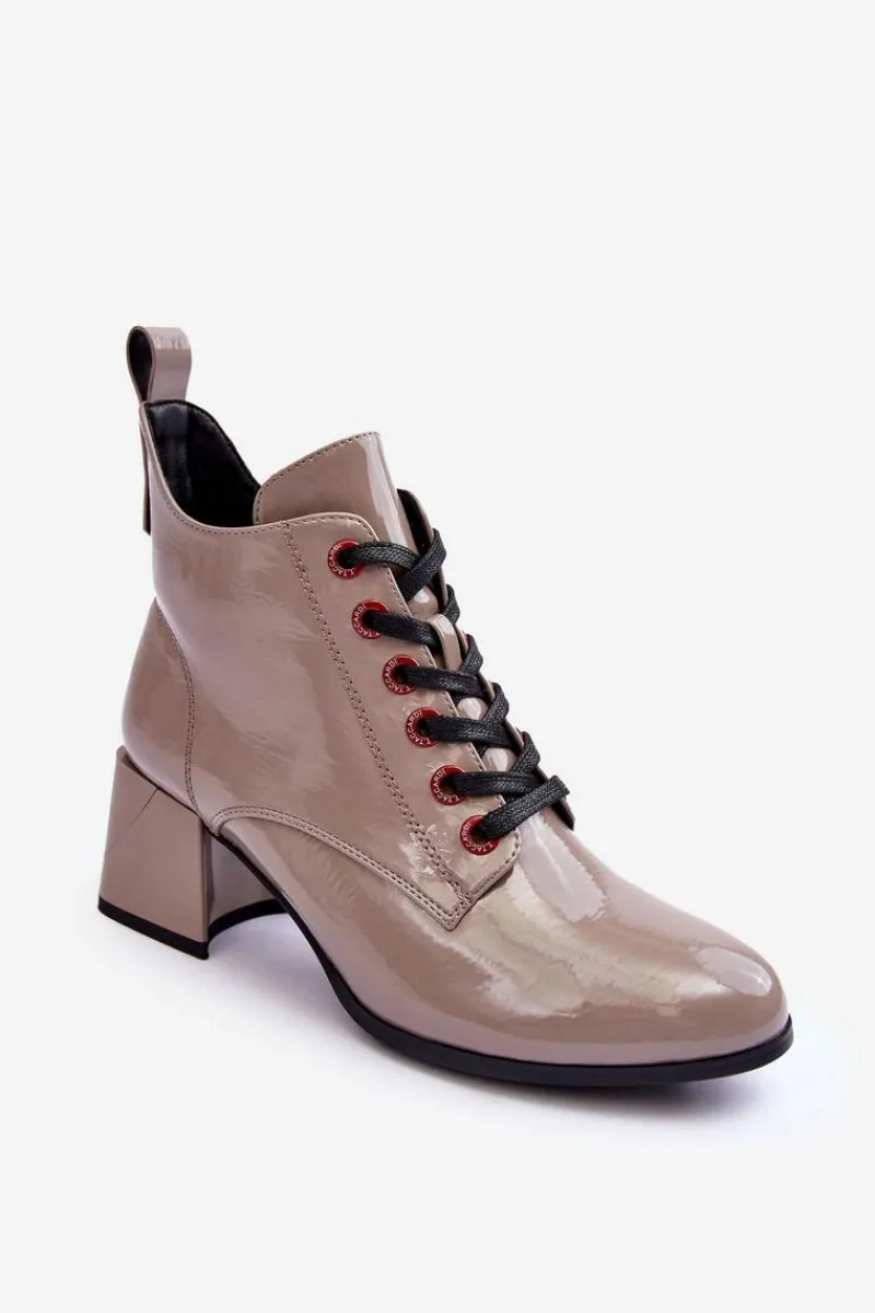 Outlet Niskie Lakierowane Botki Sznurowane S.Barski MR870-66 Ciemnobeżowe Damskie Botki Sznurowane|Botki Na Słupku