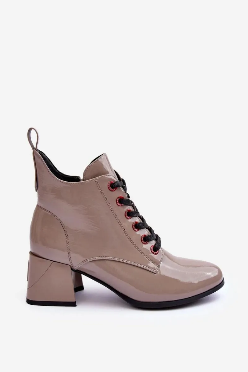 Outlet Niskie Lakierowane Botki Sznurowane S.Barski MR870-66 Ciemnobeżowe Damskie Botki Sznurowane|Botki Na Słupku