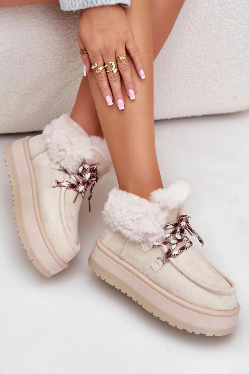 Śniegowce Damskie>Boto Niskie Śniegowce Damskie Na Platformie Z Futerkiem Jasnobeżowe Neathren Beżowy