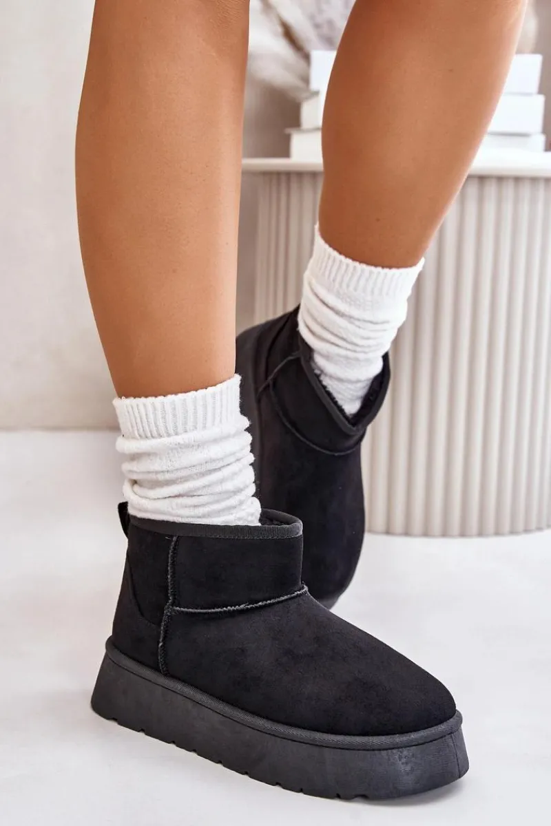 Śniegowce Damskie>Evento Niskie Śniegowce Damskie Na Platformie Ocieplane Futerkiem Czarne Saldren Czarny