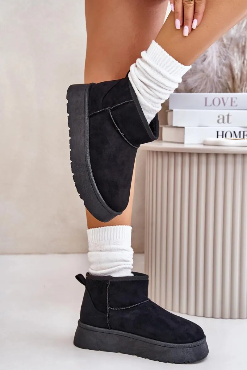 Śniegowce Damskie>Evento Niskie Śniegowce Damskie Na Platformie Ocieplane Futerkiem Czarne Saldren Czarny