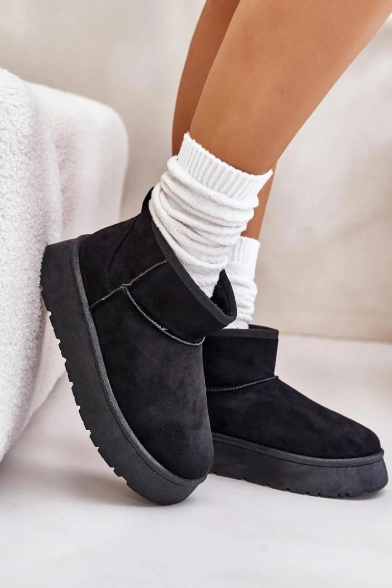 Śniegowce Damskie>Evento Niskie Śniegowce Damskie Na Platformie Ocieplane Futerkiem Czarne Saldren Czarny