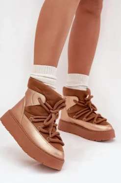 Hot Boto Niskie Śniegowce Damskie Ocieplane Futerkiem Z Grubym Wiązaniem Camel Xarina Brązowy