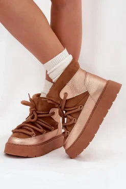 Hot Boto Niskie Śniegowce Damskie Ocieplane Futerkiem Z Grubym Wiązaniem Camel Xarina Brązowy