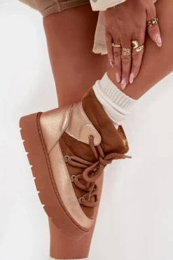 Hot Boto Niskie Śniegowce Damskie Ocieplane Futerkiem Z Grubym Wiązaniem Camel Xarina Brązowy