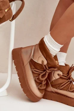 Hot Boto Niskie Śniegowce Damskie Ocieplane Futerkiem Z Grubym Wiązaniem Camel Xarina Brązowy