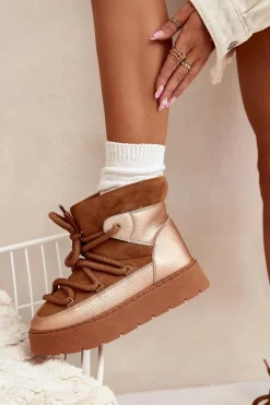 Hot Boto Niskie Śniegowce Damskie Ocieplane Futerkiem Z Grubym Wiązaniem Camel Xarina Brązowy