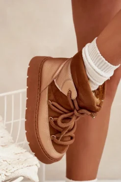 Hot Boto Niskie Śniegowce Damskie Ocieplane Futerkiem Z Grubym Wiązaniem Camel Xarina Brązowy